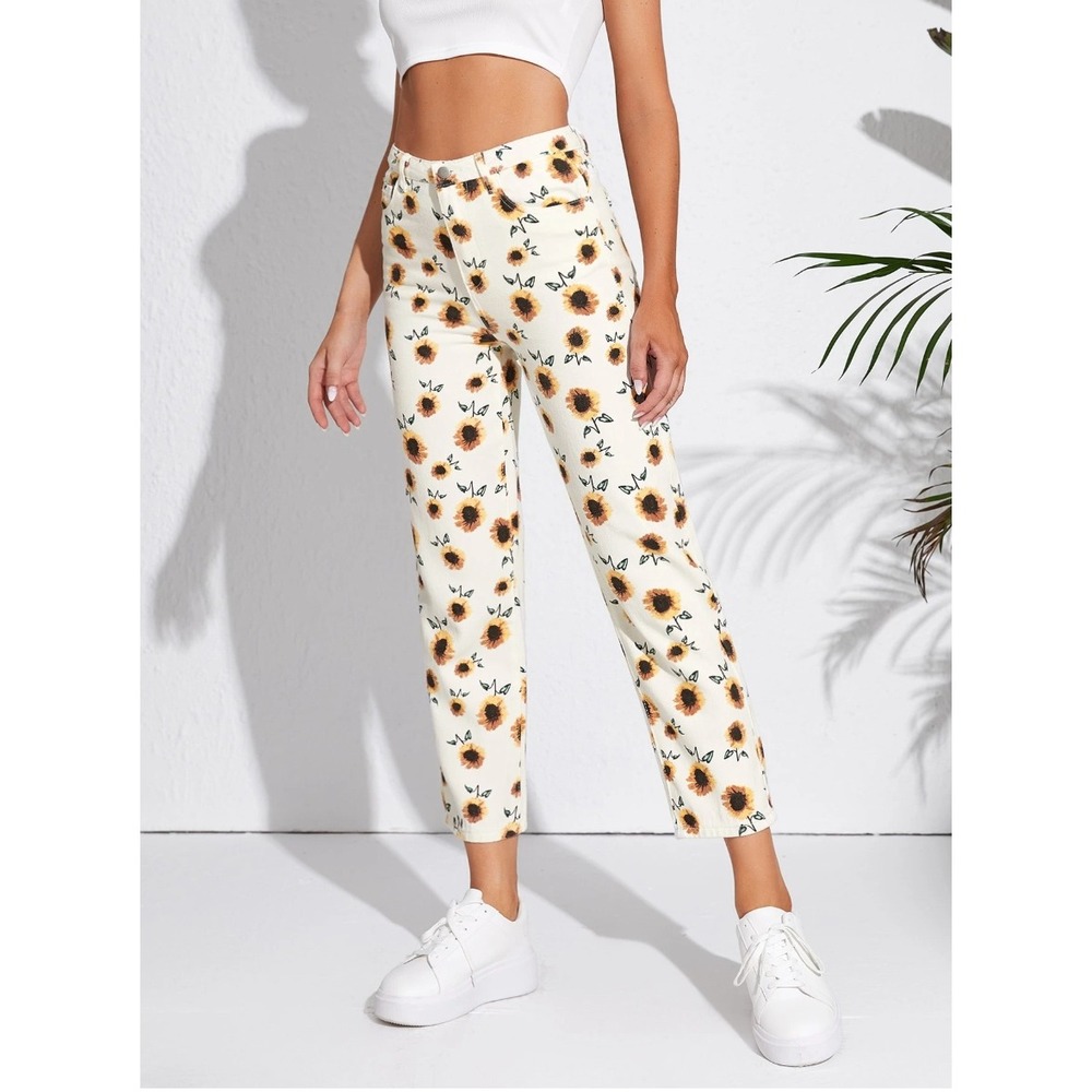 High Rise Sunflower Print White Cropped Straight Leg Jeans Womens S